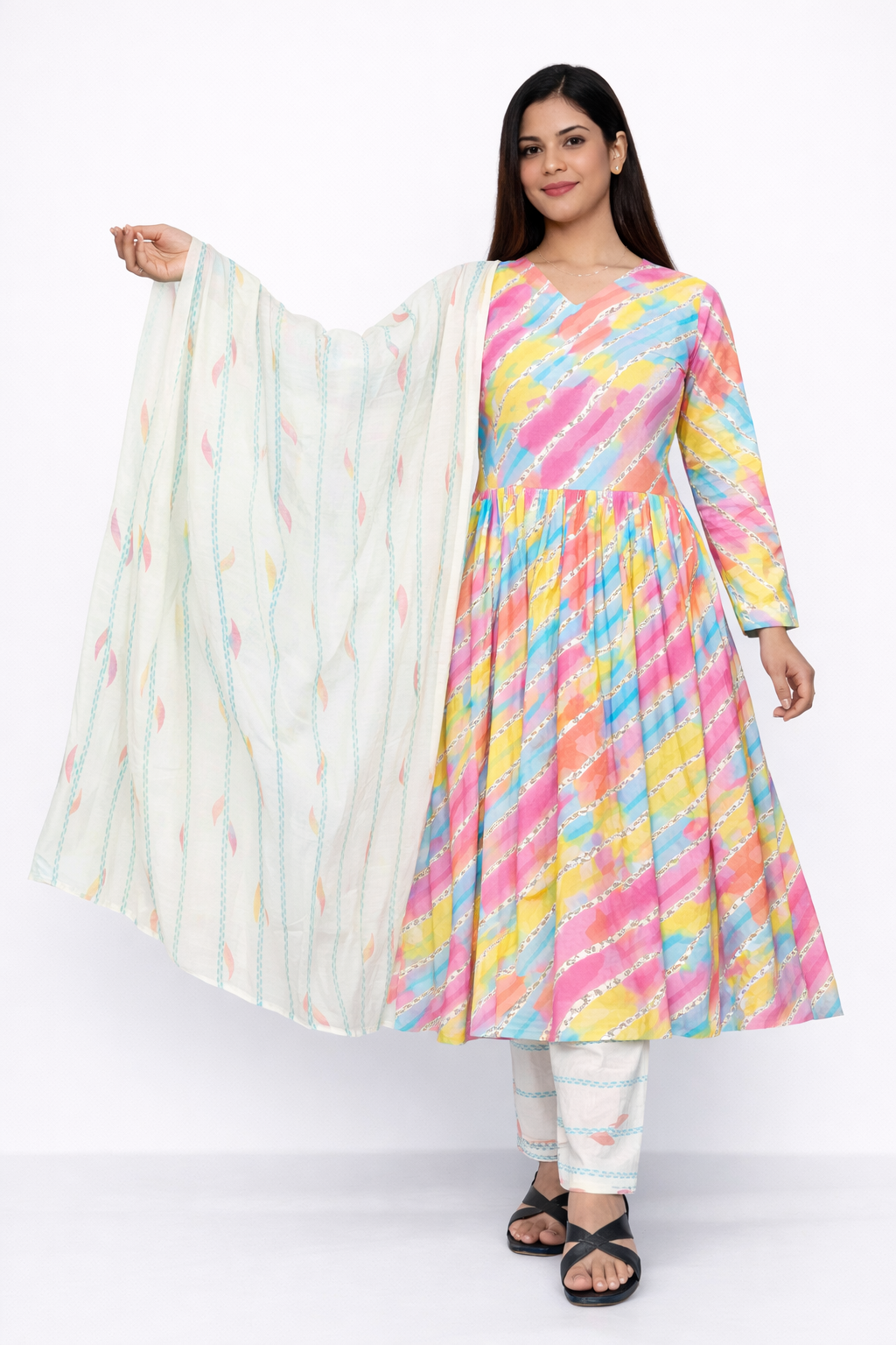 Pastel Multicolor Printed Anarkali Kurta Set with Dupatta