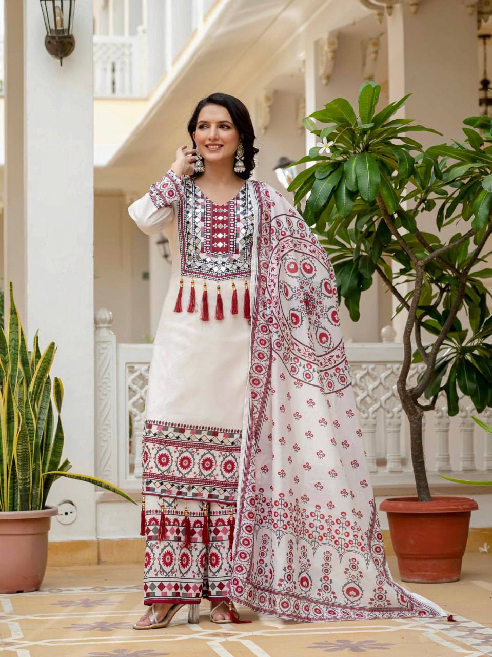 Designer Maslin Printed Mirror Work Kurta Plazzo Set with Dupatta