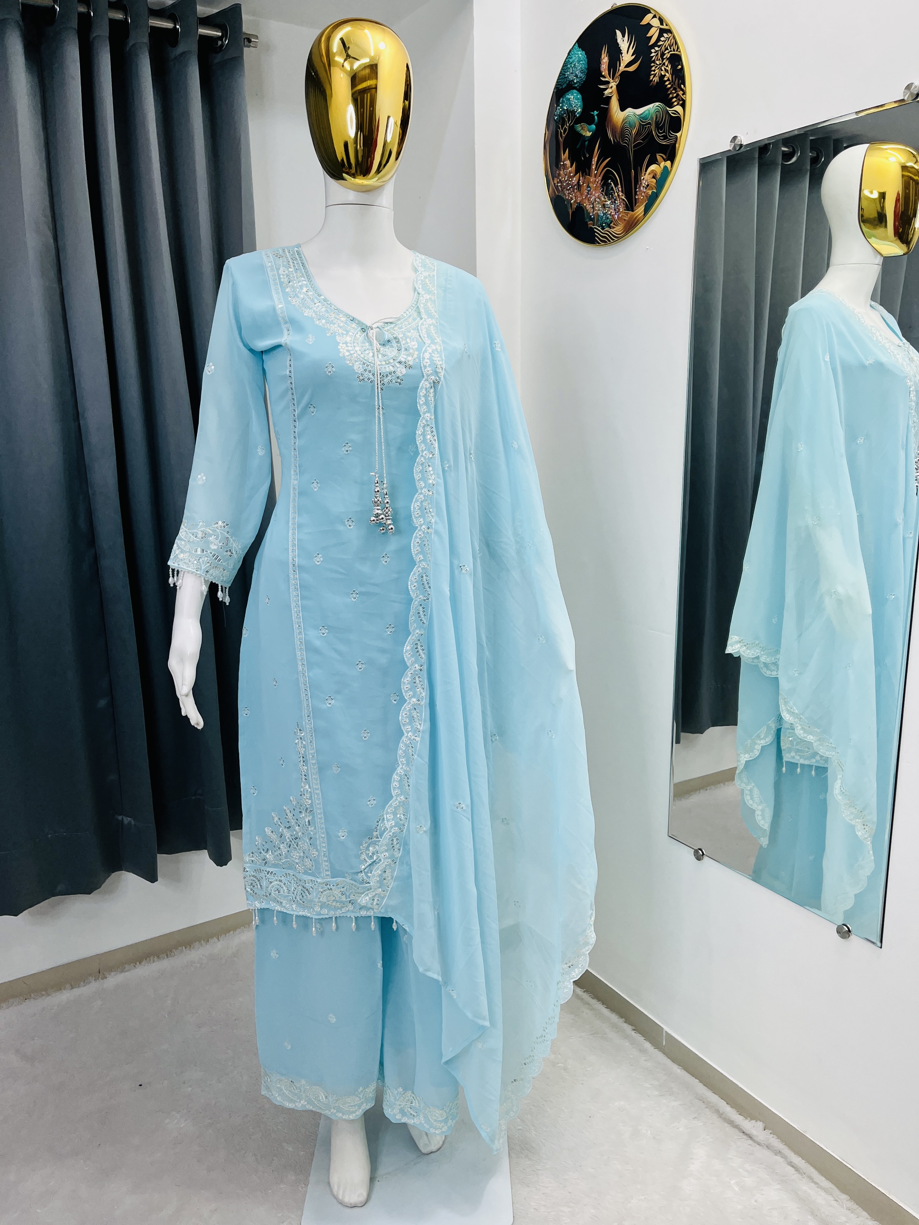 Designer Fox Georgette Embroidered Kurta Palazzo Set with Dupatta – Festive Wear