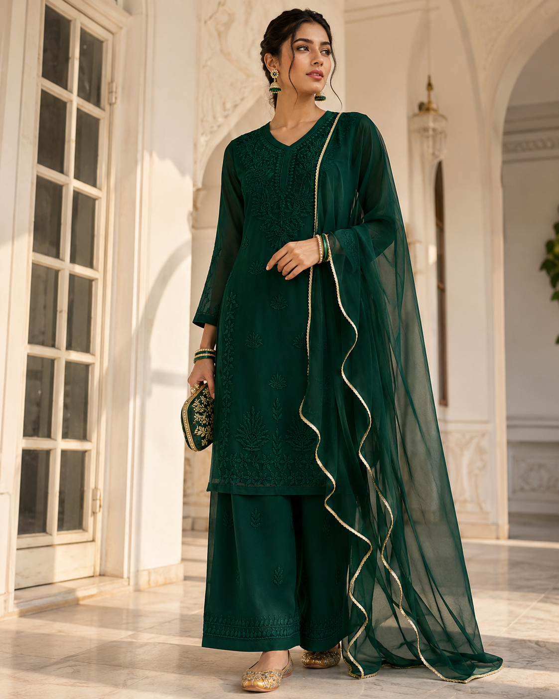 Rust Maslin Cotton Embroidered Kurta Palazzo Dupatta Set (Summer Elegant Wear)