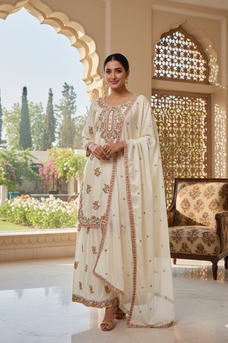 Ivory Chinon Silk Embroidered Palazzo Set