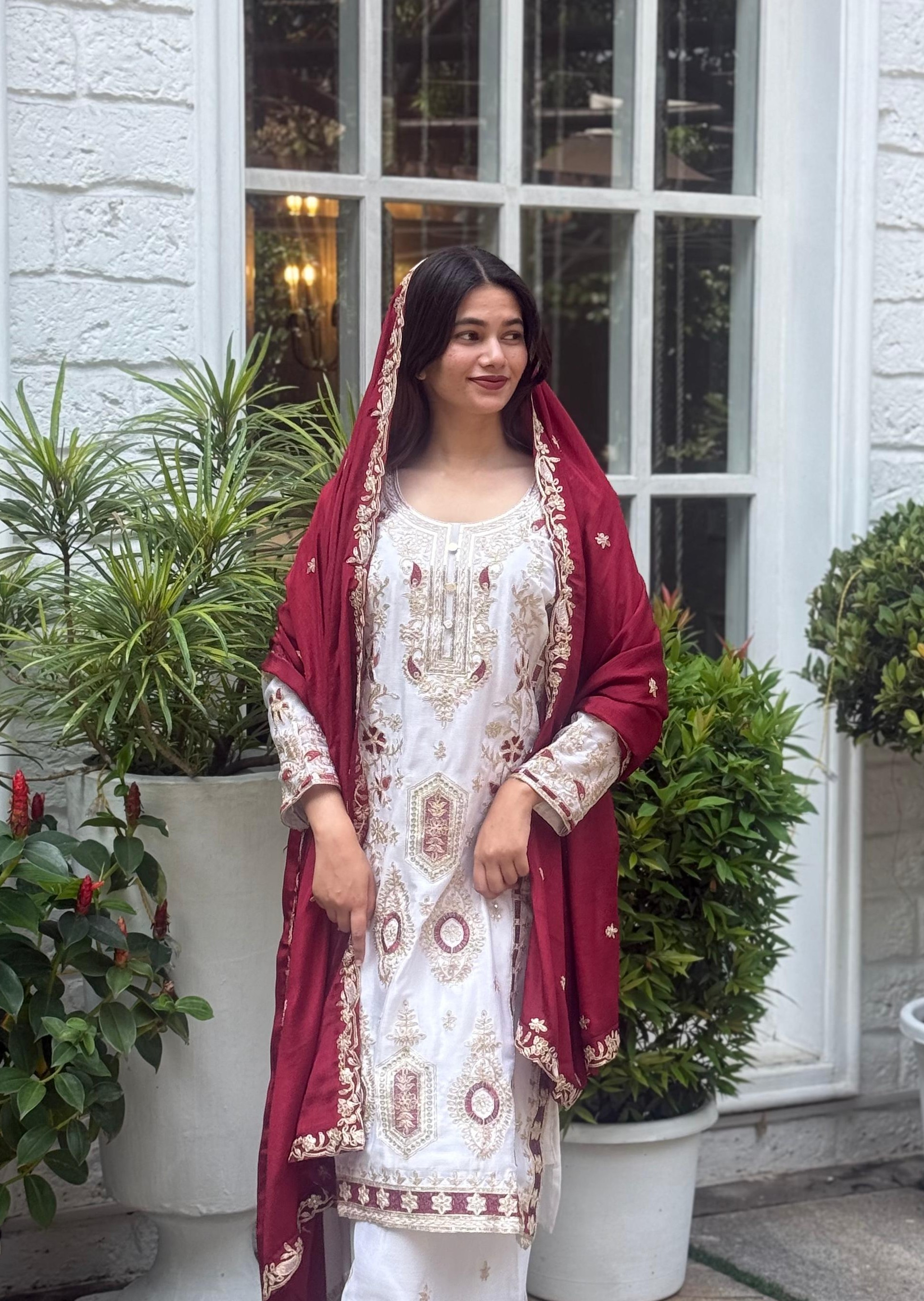 Eid Special Embroidery Pure Chinon Silk Kurta & Plazo Set with Dupatta