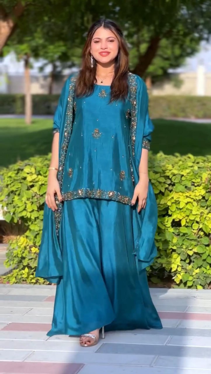 Teal Blue Sequence Embroidered Kurta Set with Dupatta