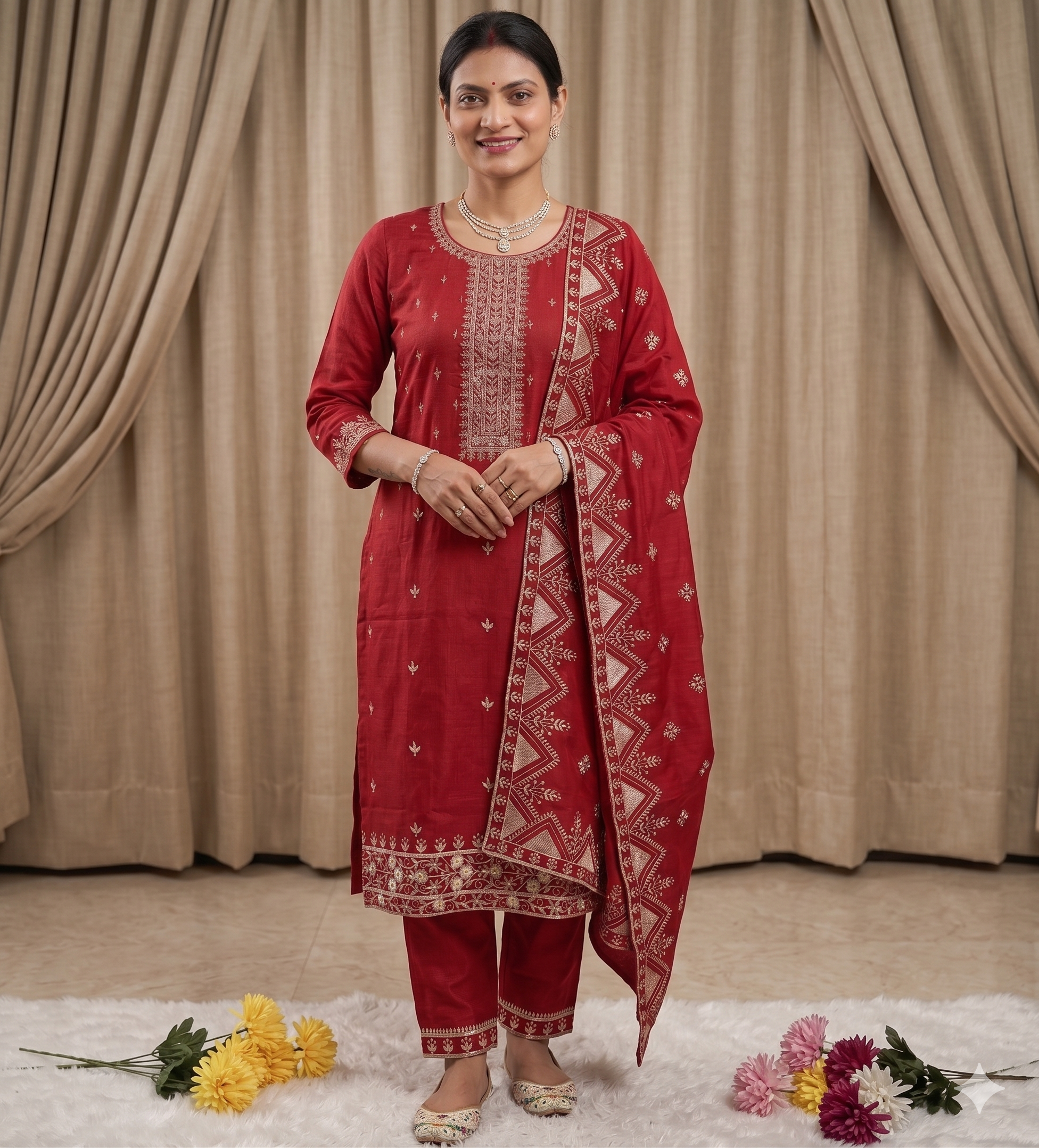Ruby Red Zari Embroidered Vichitra Silk Kurta Set