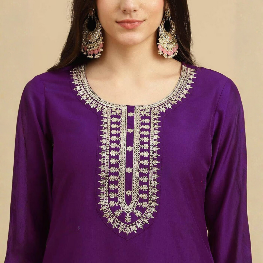 Purple Embroidered Rayon Slub Kurta Pant Dupatta Set