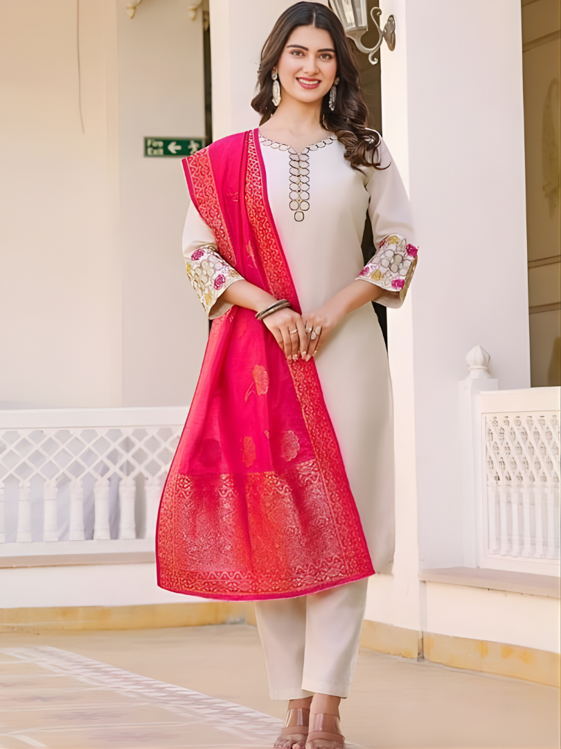 Off White Rayon Slub Kurta Pant Set with Pink Jacquard Dupatta