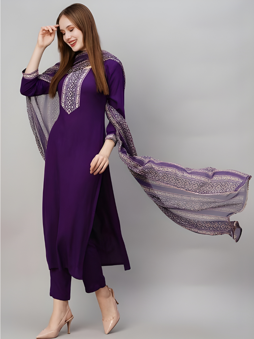 Royal Purple Rayon Slub Kurta Pant Dupatta Set